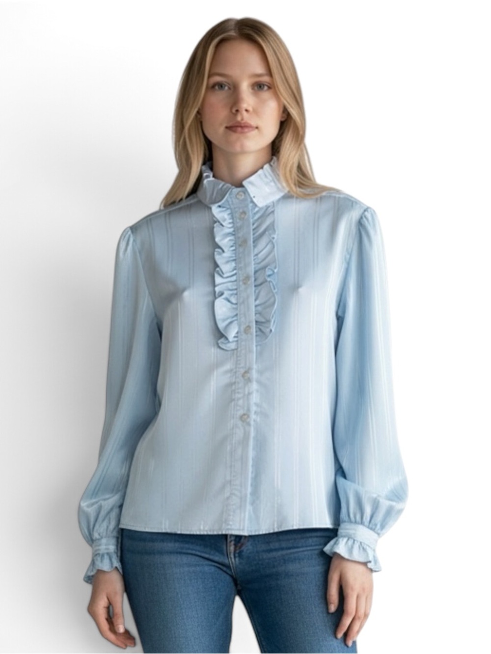 70s Vintage Rhapsody Ruffled Striped Satin Blouse in Blue Size 38 Like New